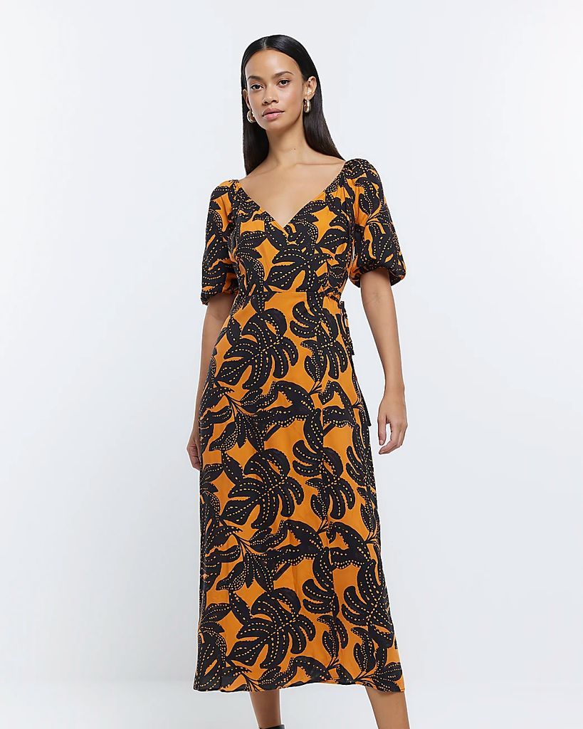 Womens Orange Leaf Print Wrap Midi Dress