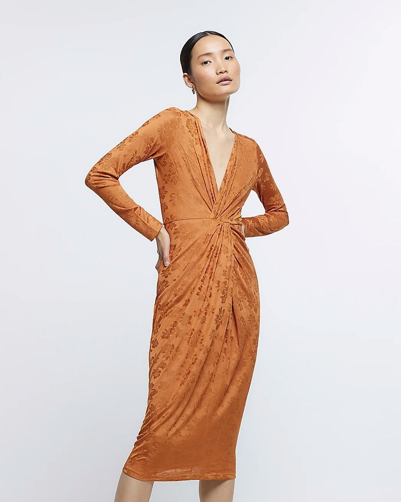 Womens Rust Jacquard Floral Twist Bodycon Midi Dress