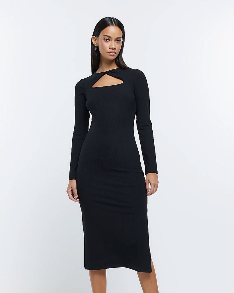 Womens Black Long Sleeve Bodycon Midi Dress