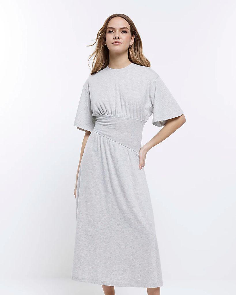 Womens Grey Cinched Waist Midi Dress