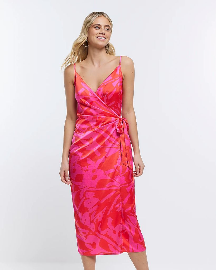 Womens Pink Abstract Print Wrap Midi Dress