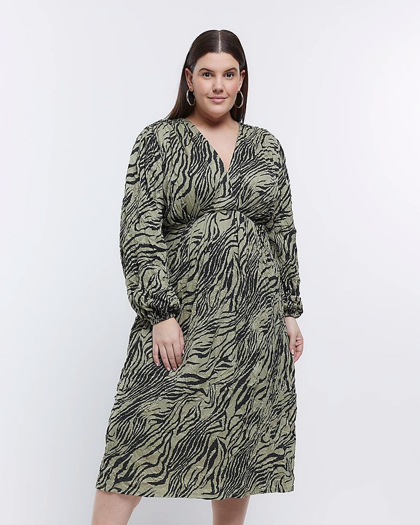 Womens Plus Khaki Animal Print Midi Dress