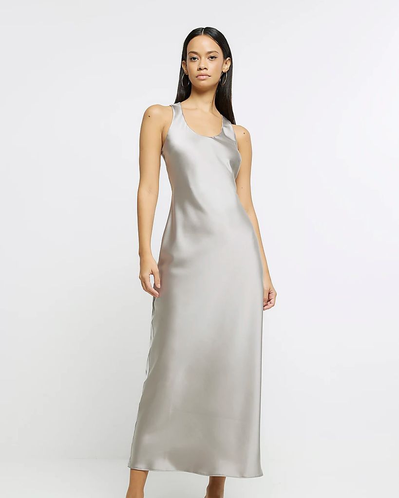 Womens Silver Satin Maxi Slip Dress