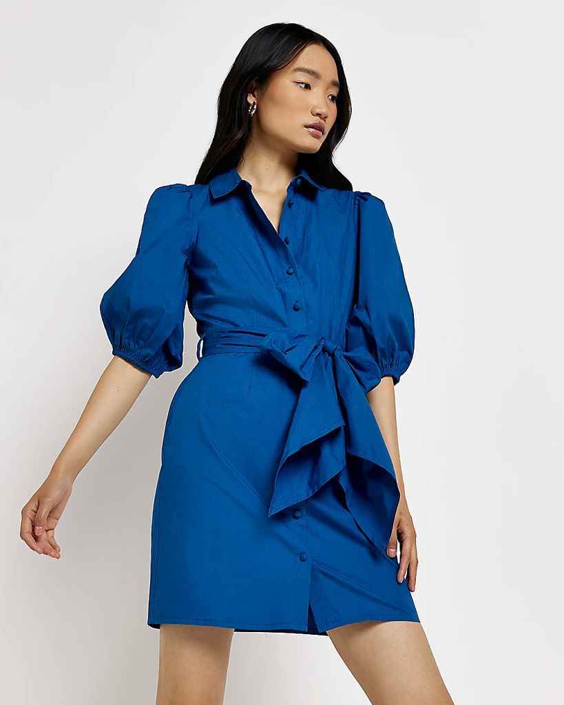 River Island Womens Blue Tie Waist Mini Shirt Dress