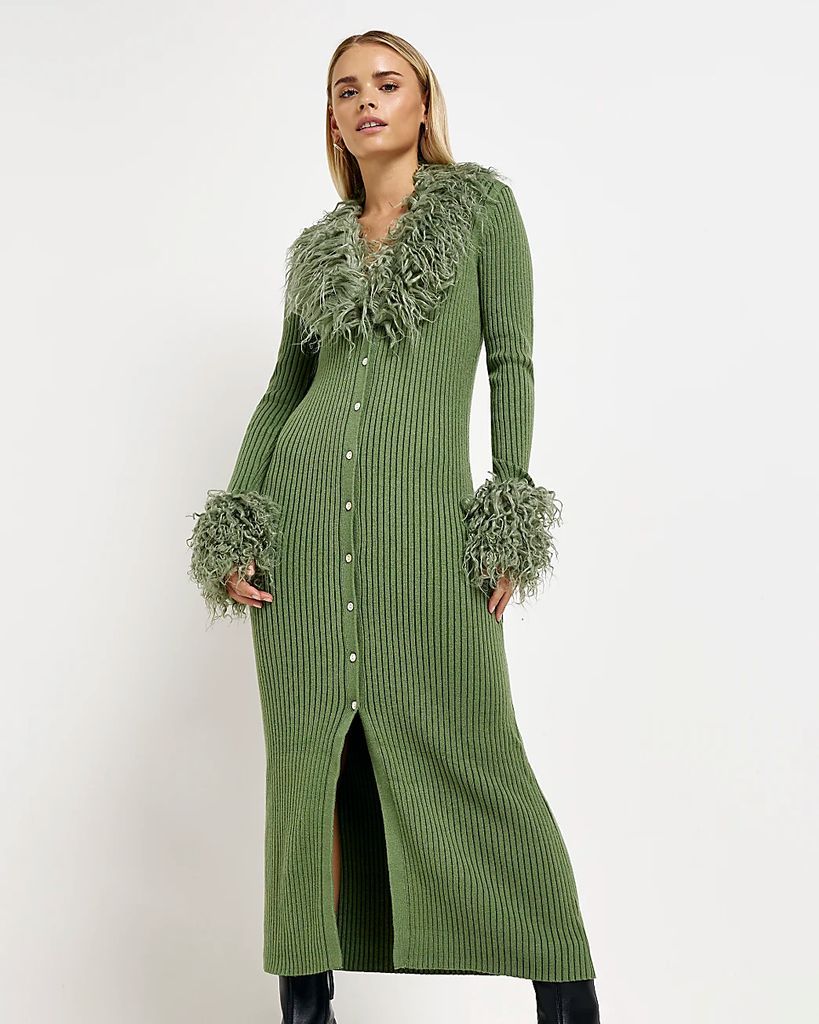 River Island Womens Petite Green Faux Fur Bodycon Midi Dress