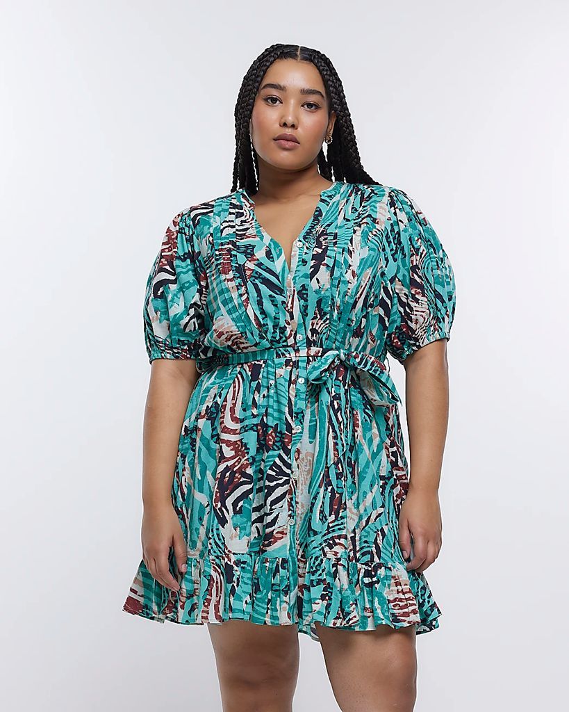 River Island Womens Plus Blue Animal Print Beach Mini Shirt Dress
