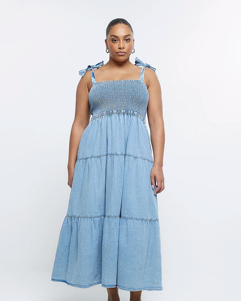 River Island Womens Plus Blue Denim Shirred Maxi Dress
