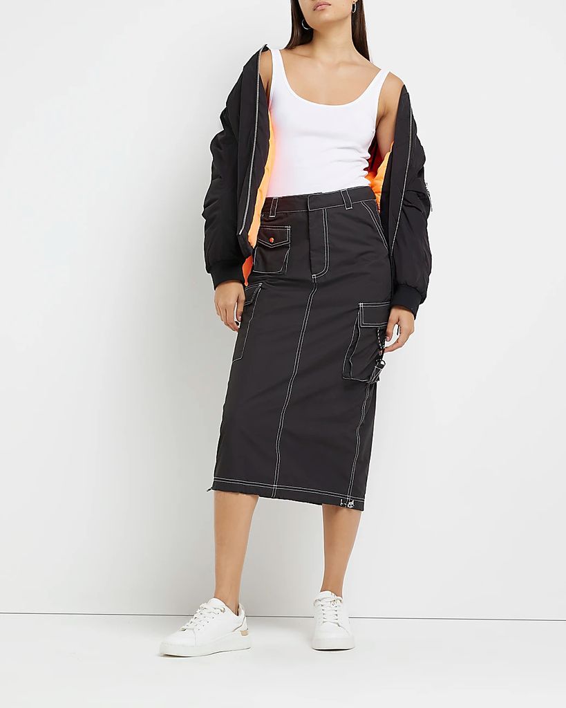 Womens Black Cargo Midi Skirt
