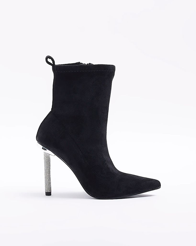 Womens Black Embellished Heeled Ankle Boots
