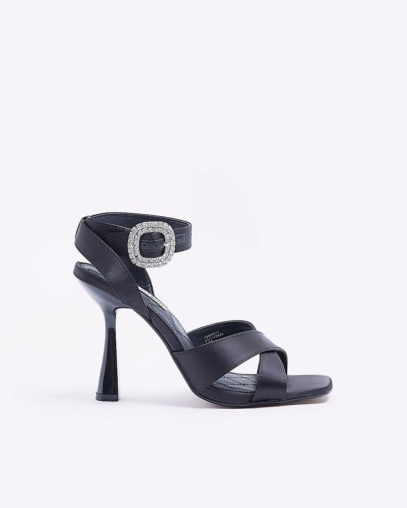 Womens Black Embellished Heeled Sandals