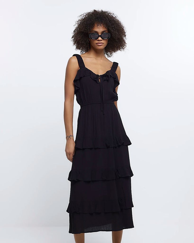 Womens Black Frill Layered Midi Dress