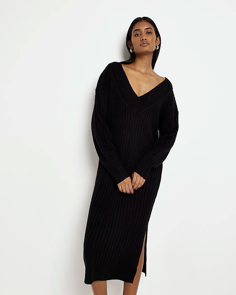 Womens Black Knit Jumper Midi Dress