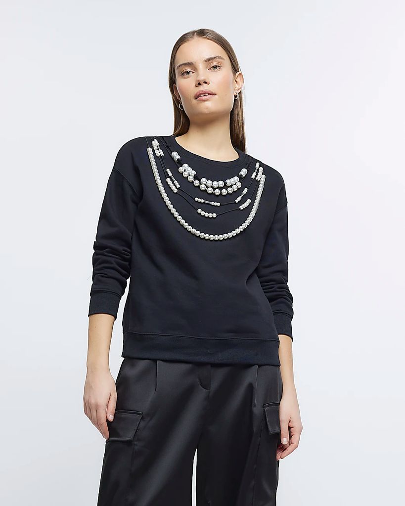 Womens Black Pearl Embellished Sweatshirt