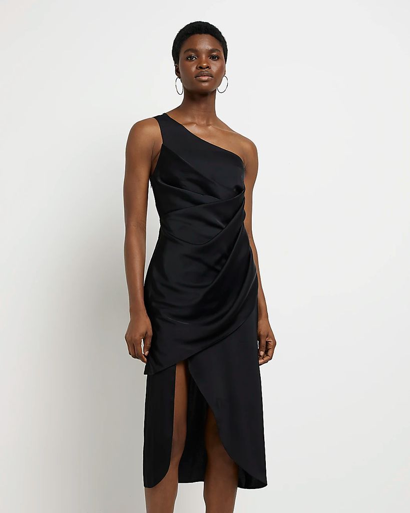 Womens Black Satin Wrap Midi Dress