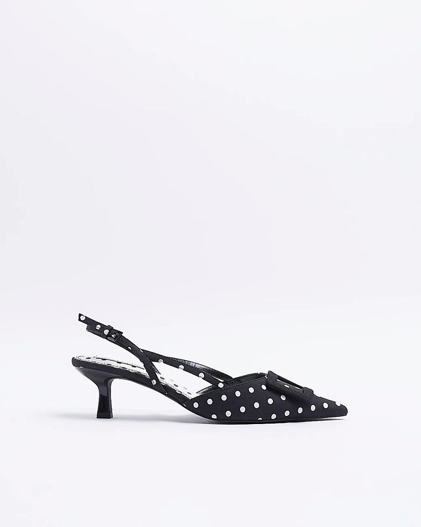 Womens Black Spot Kitten Heeled Court Shoes