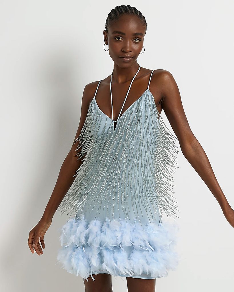 Womens Blue Feather Slip Mini Dress