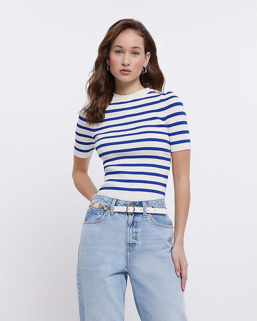 Womens Blue Knit Stripe Short Sleeve Top