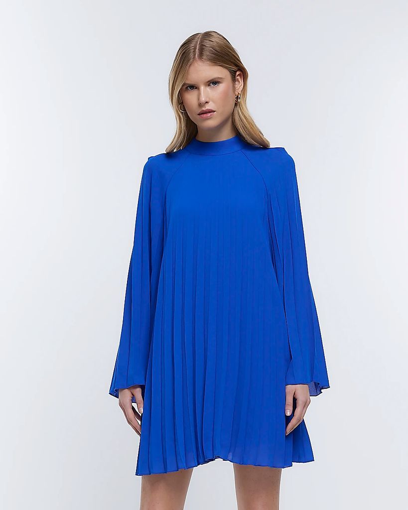 Womens Blue Long Sleeve Swing Mini Dress