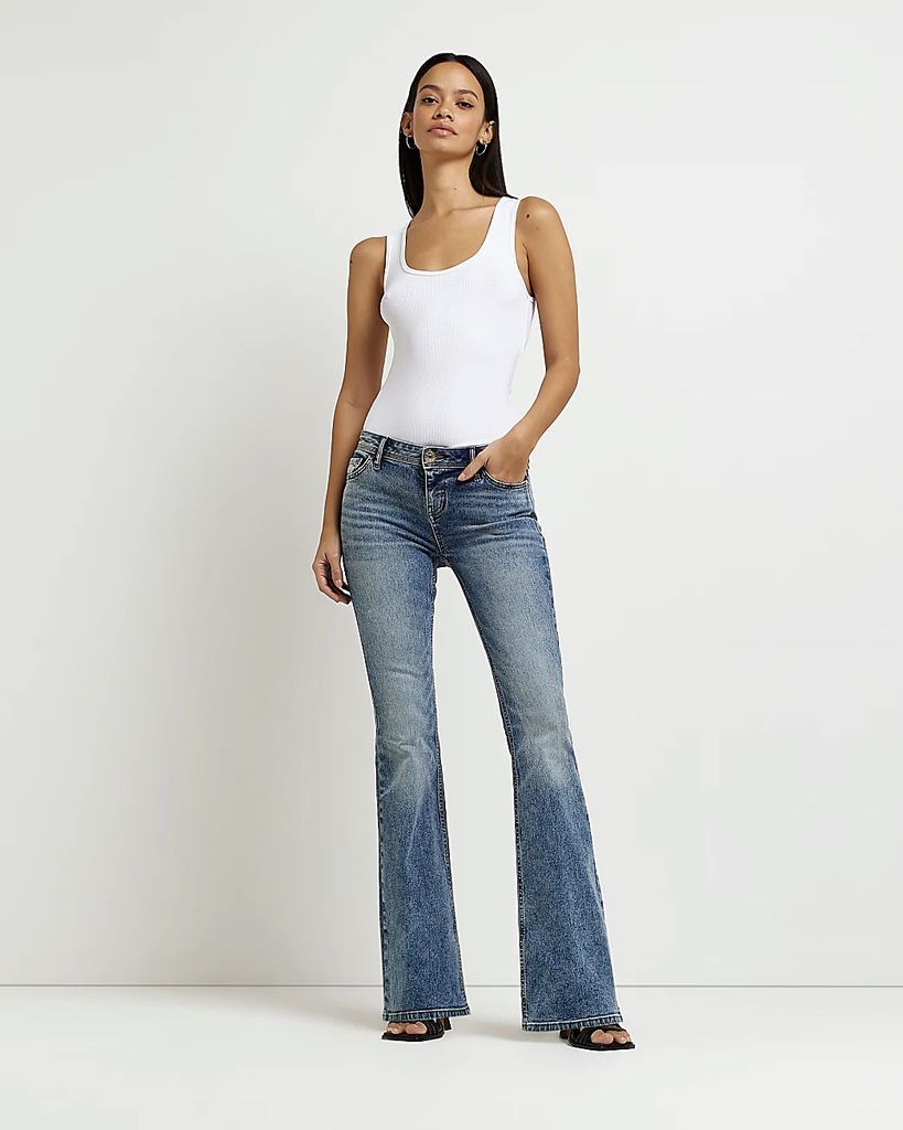 Womens Blue Low Rise Flared Jeans