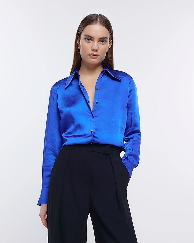 Womens Blue Satin Long Sleeve Shirt