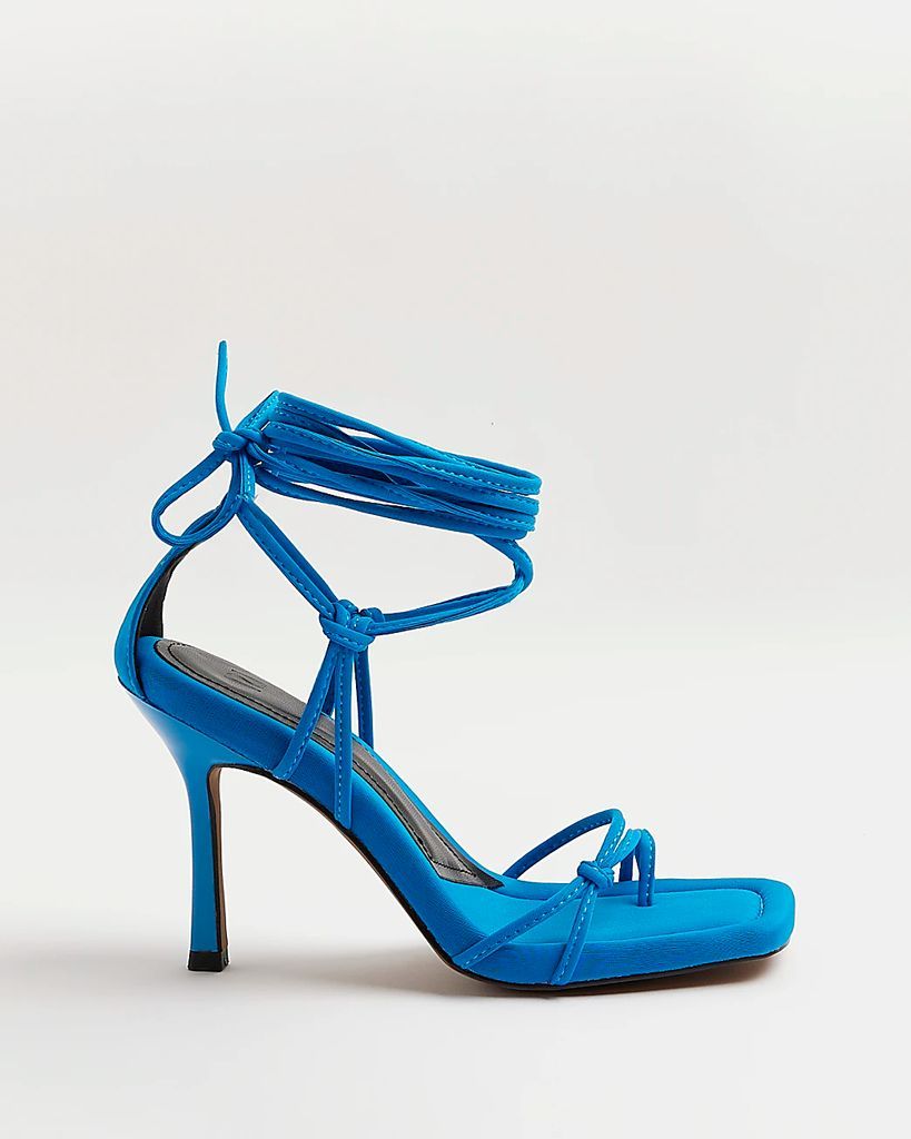 Womens Blue Strappy Tie Up Heeled Sandals