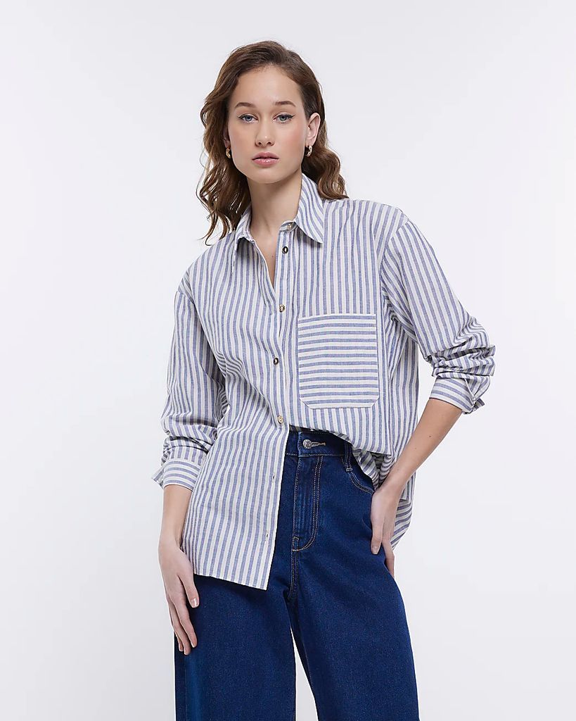 Womens Blue Stripe Oversized Long Sleeve Shirt