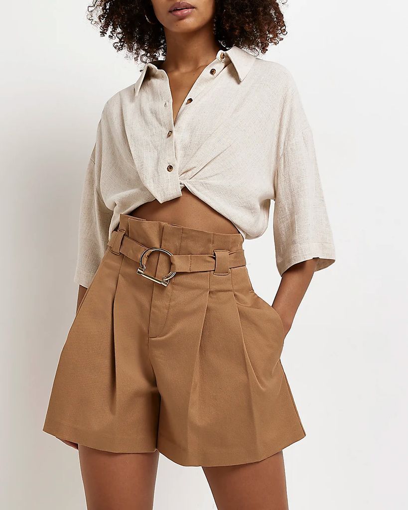 Womens Brown Belted Paper Bag Shorts
