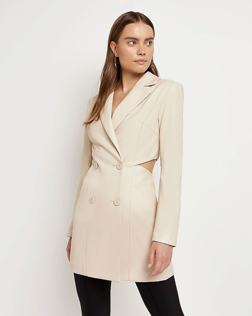 Womens Cream Faux Leather Cut Out Blazer