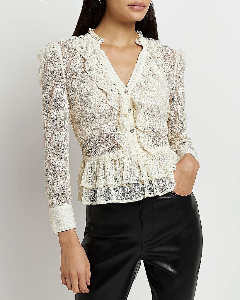 Womens Cream Lace Frill Long Sleeve Blouse