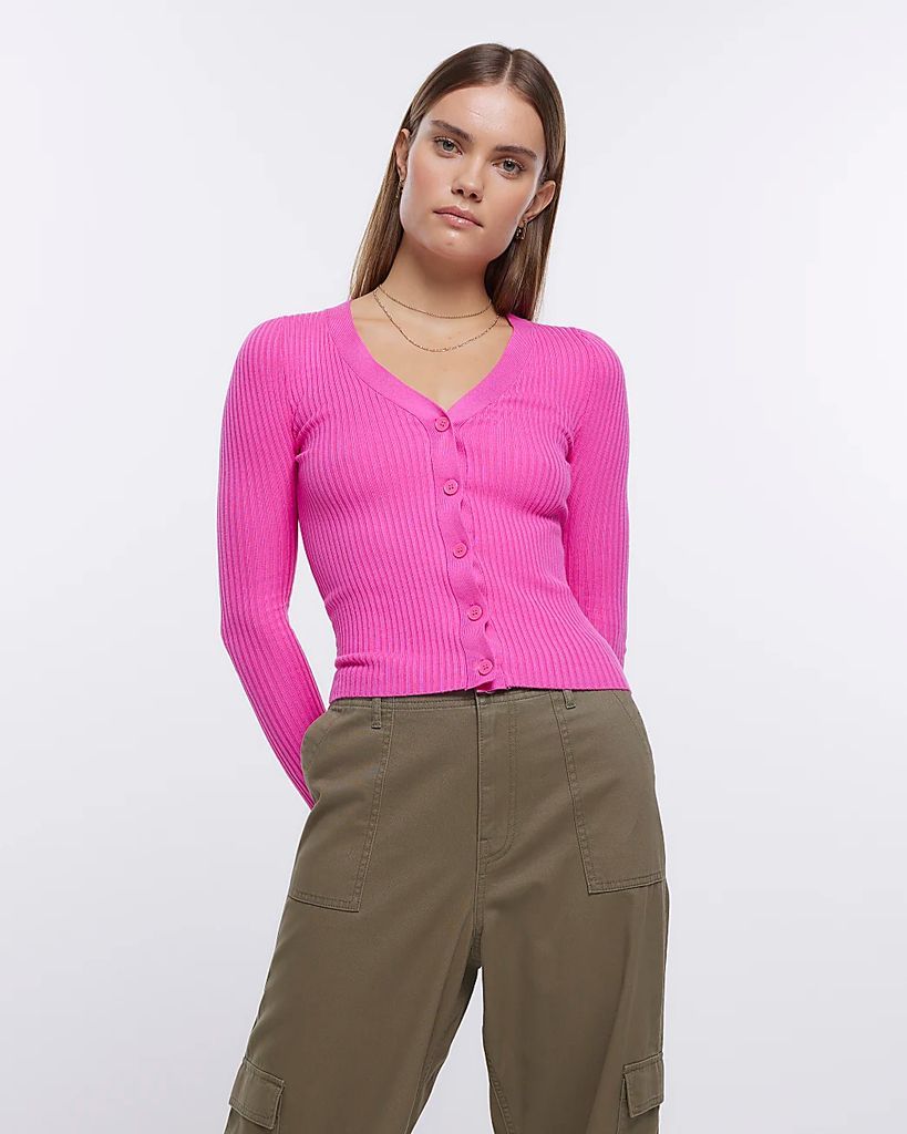 Womens Pink Knit Long Sleeve Cardigan