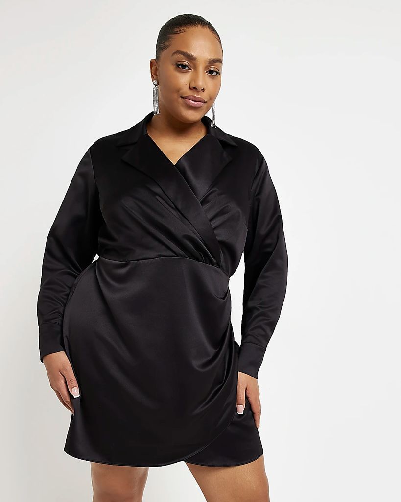 Womens Plus Black Satin Wrap Mini Dress
