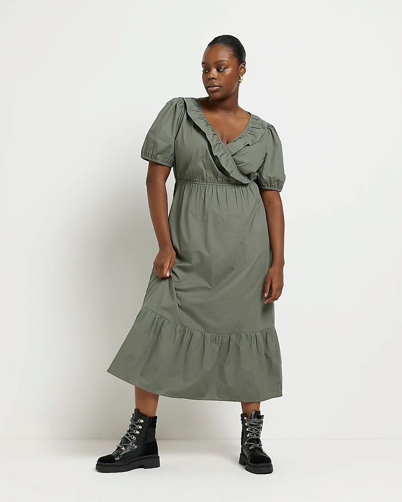 Womens Plus Khaki Wrap Midi Dress