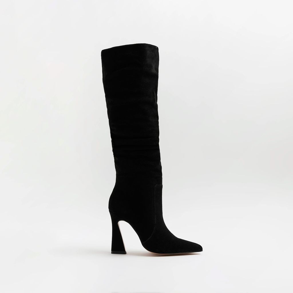 Womens Black Suede Knee High Heeled Boots