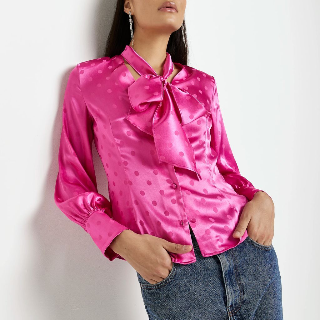 Womens Pink Spot Satin Pussybow Blouse