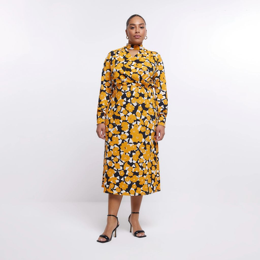 Womens Plus Yellow Check Wrap Midi Dress