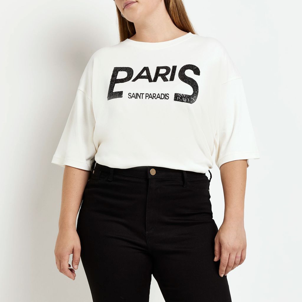 Womens Plus White Sequin Paris Graphic T-Shirt
