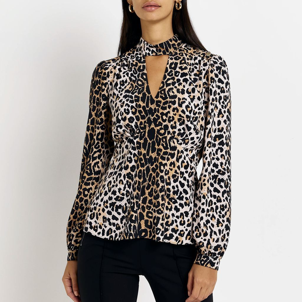 Womens Brown Animal Print Satin Cut Out Blouse