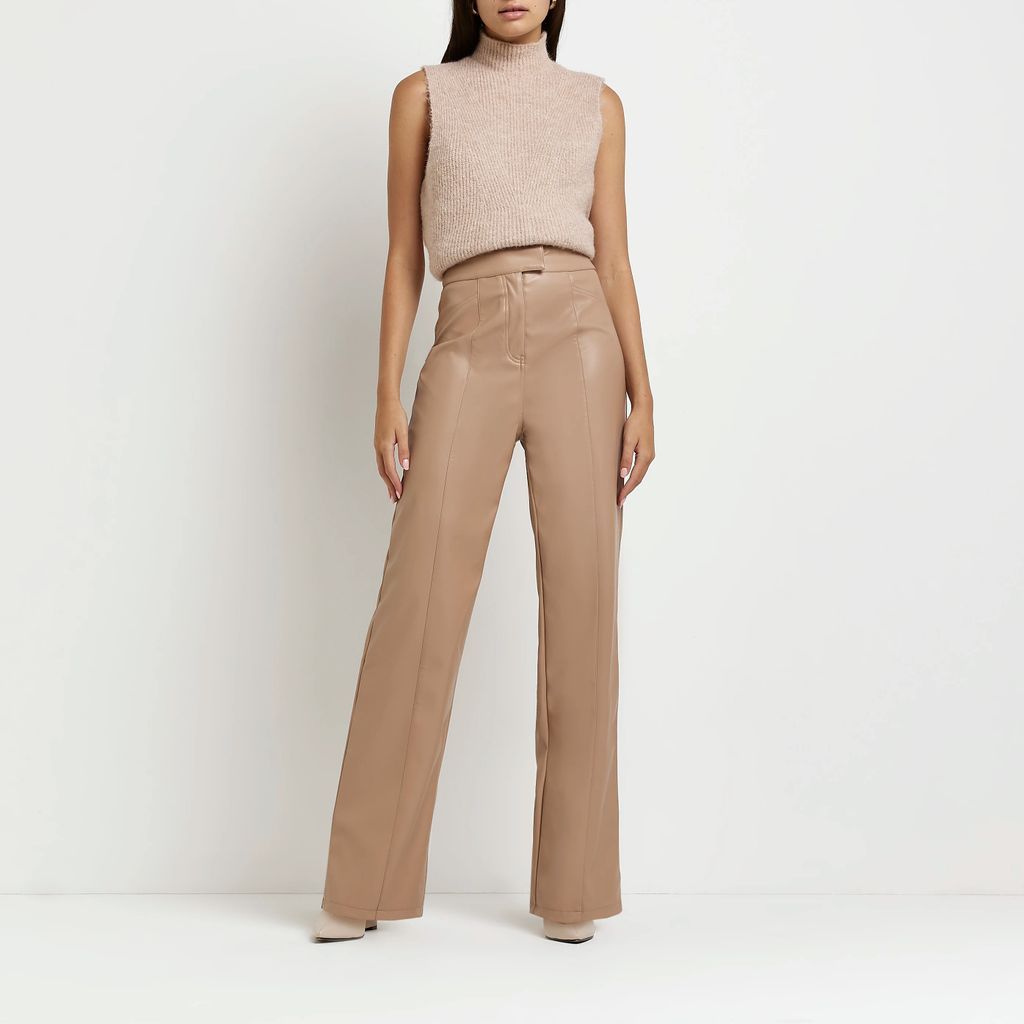 Womens Brown Faux Leather Straight Trousers