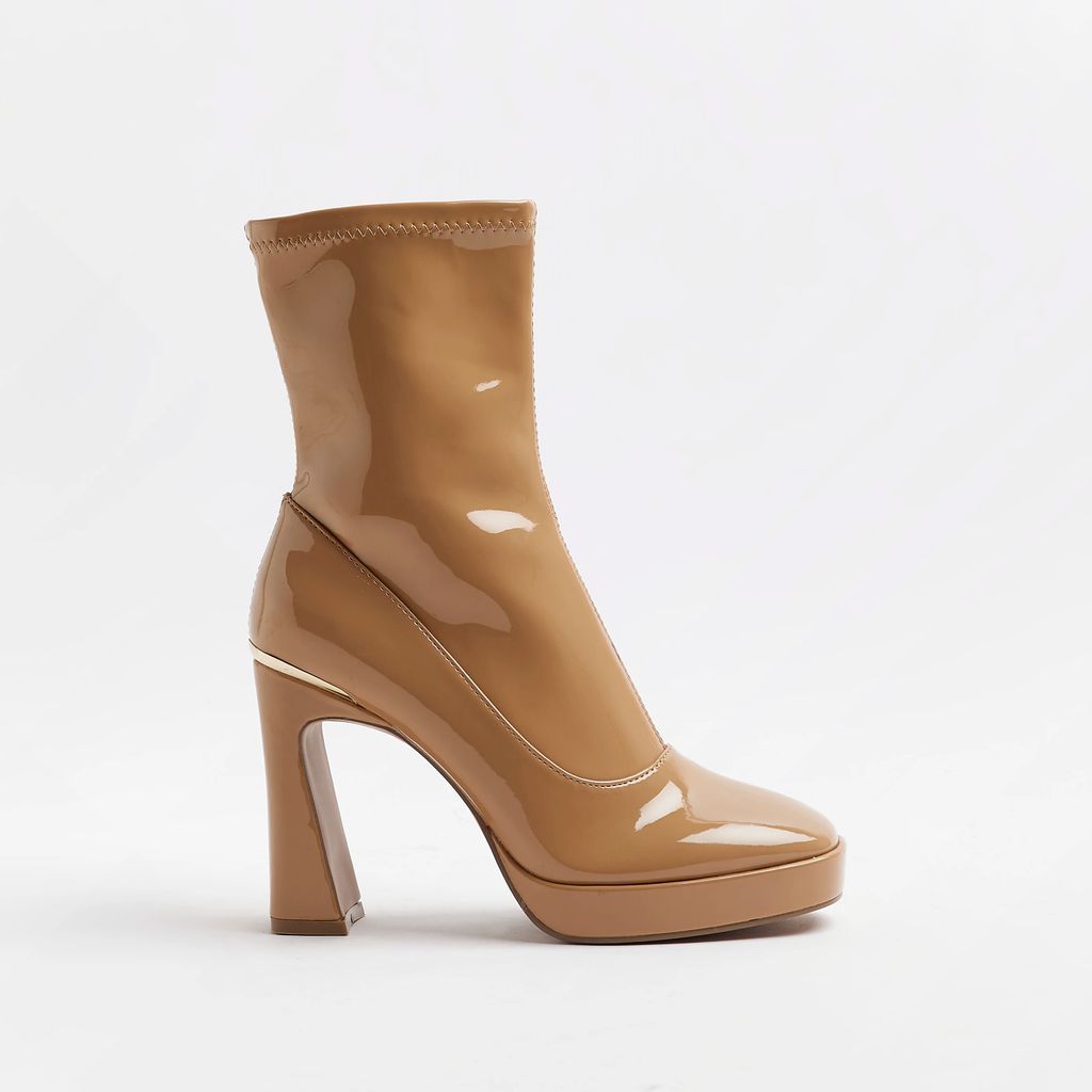 Womens Beige Patent Heeled Ankle Boots