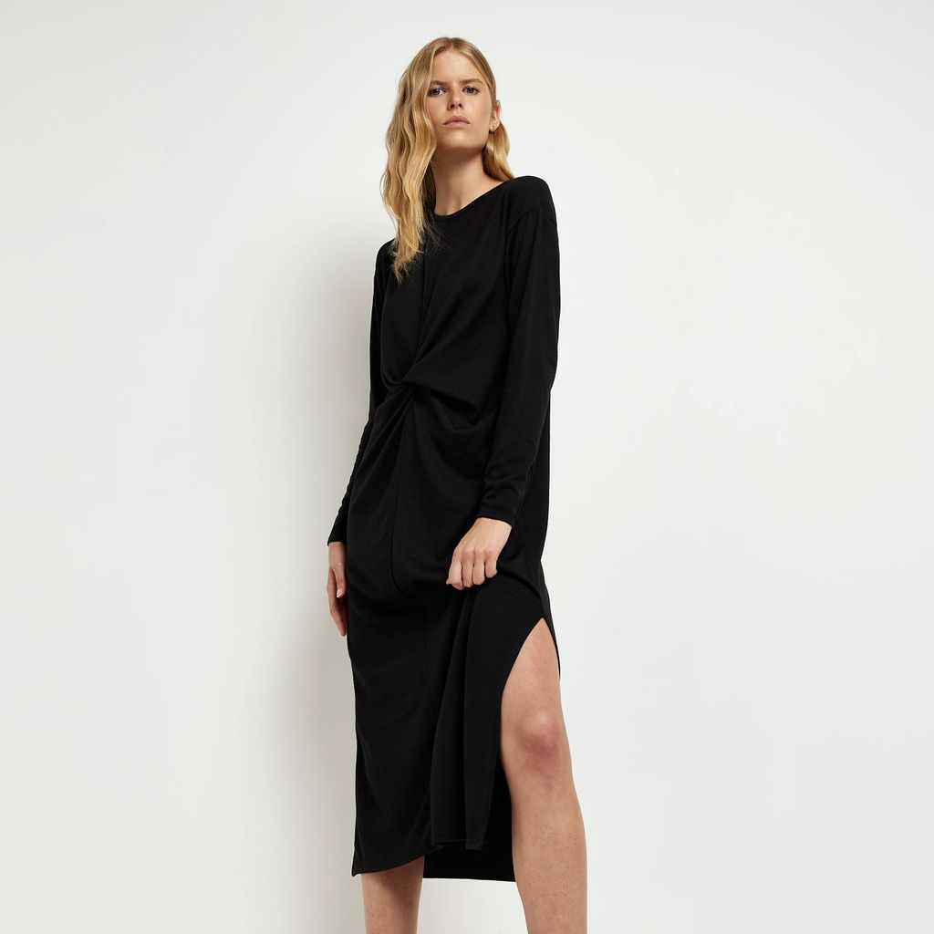 Womens Black Long Sleeve Twist Front Midi Dress
