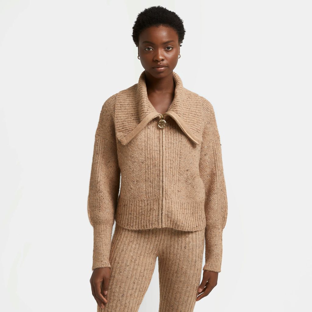 Womens Beige Knitted Zip Up Cardigan
