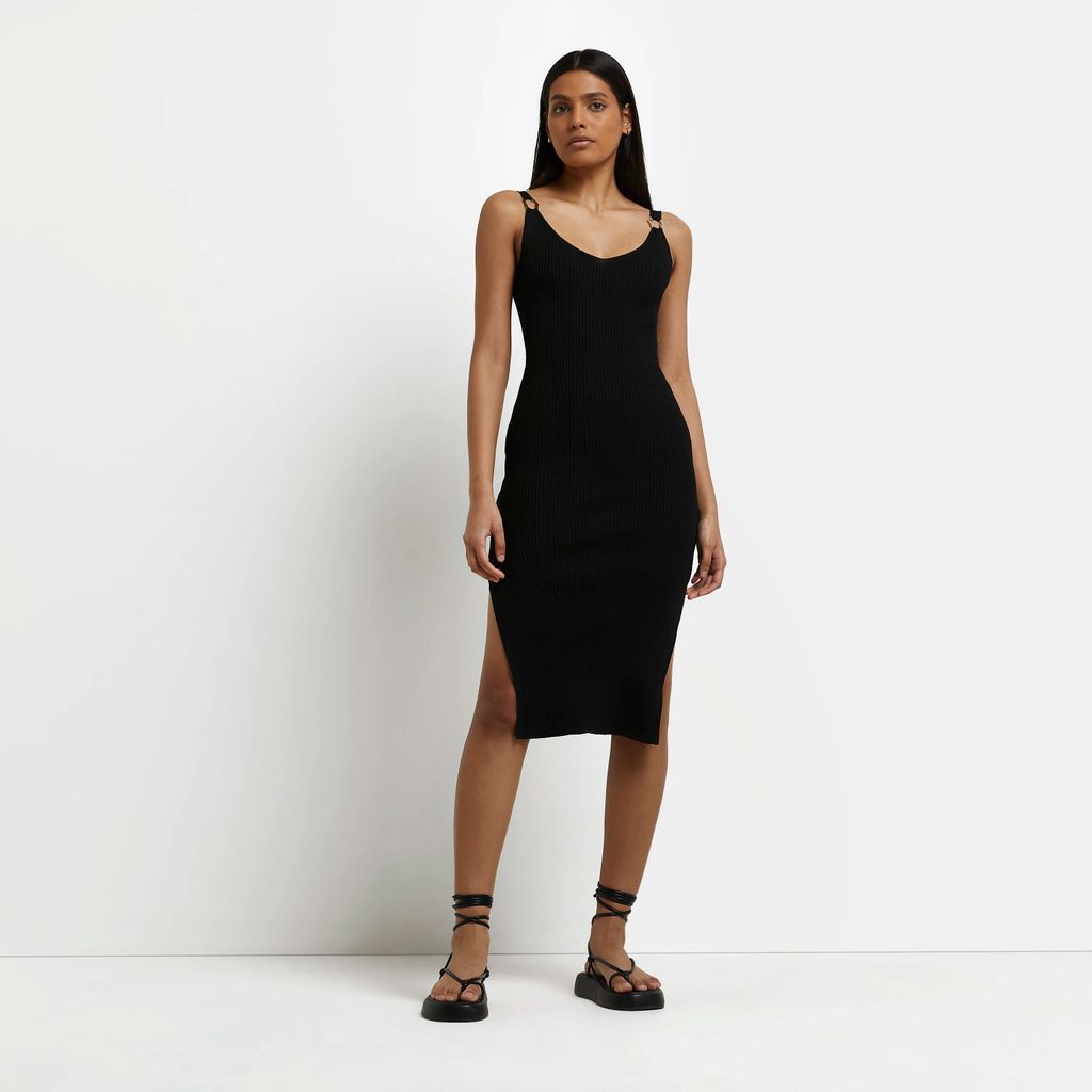 Womens Black Knit Ring Midi Dress