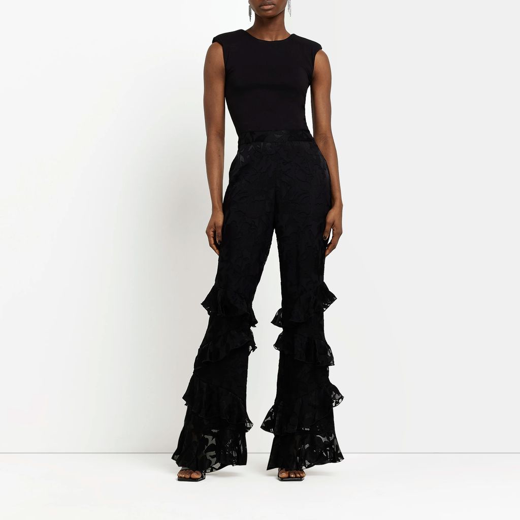 Womens Black Burnout Floral Flared Trousers