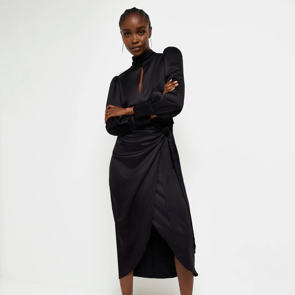Womens Black Cut Out Long Sleeve Wrap Midi Dress
