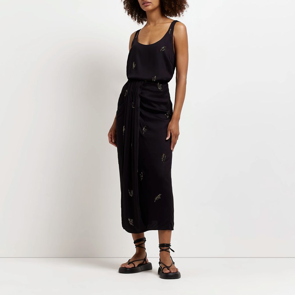 Womens Black Embellished Midi Skirt