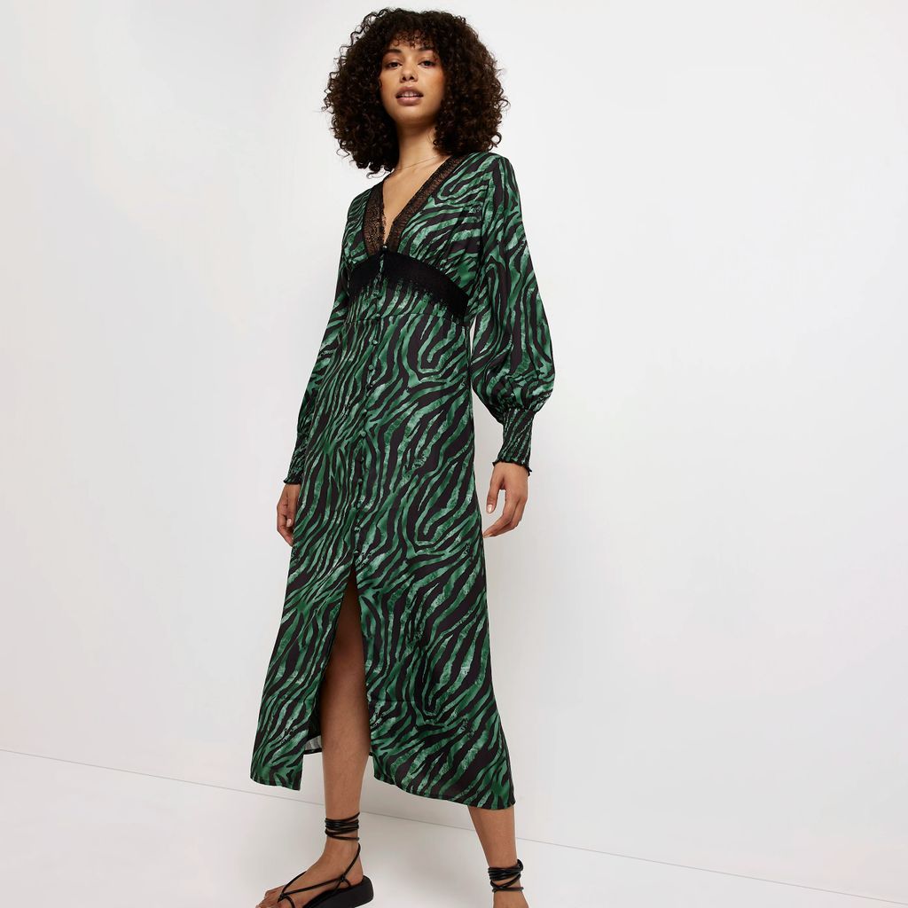 River Island Womens Green Animal Print Lace Midi Dress