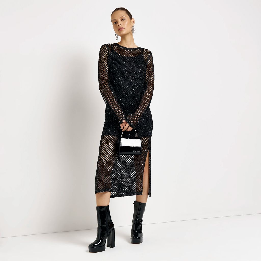 Womens Black Knit Sequin Midi Dress