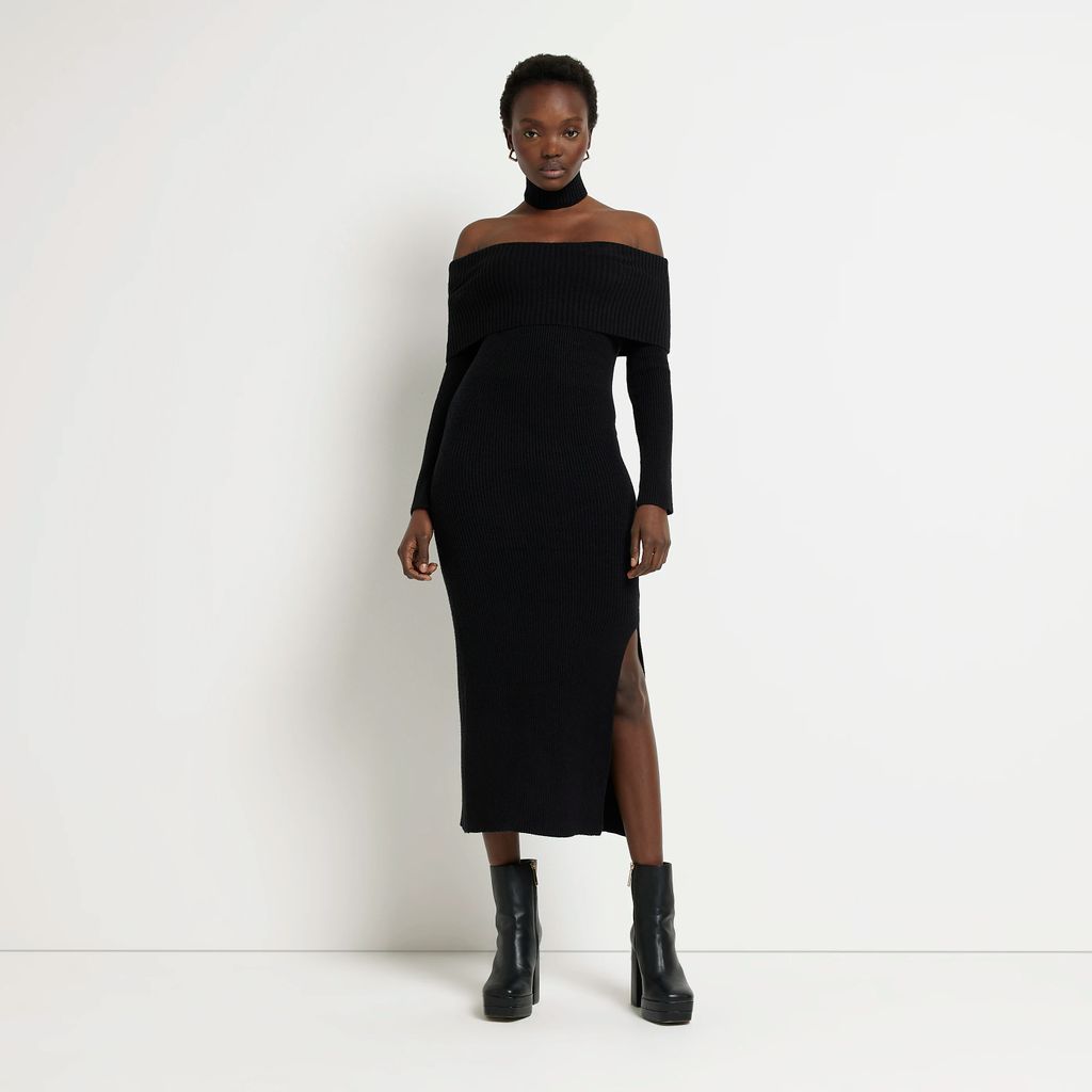 River Island Womens Black Knit Bardot Bodycon Midi Dress