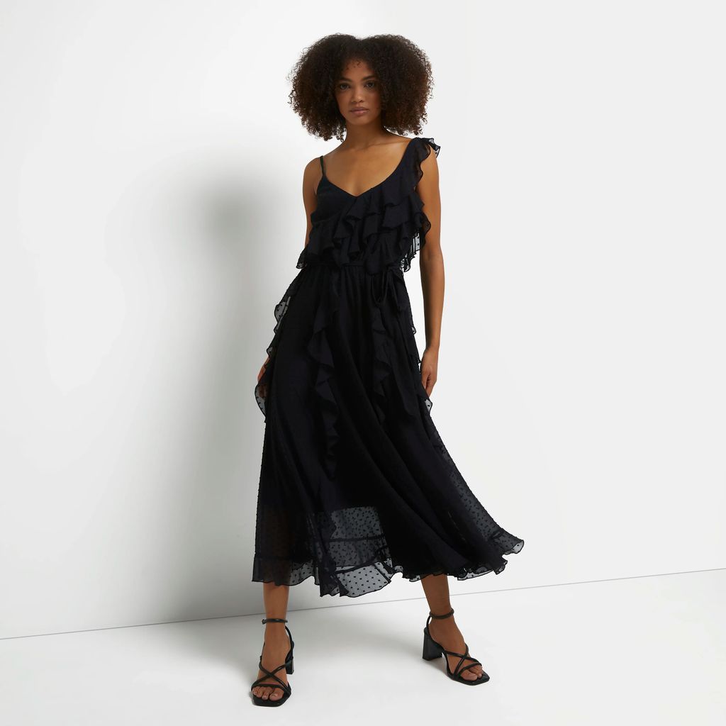 Womens Black Frill Cami Midi Dress