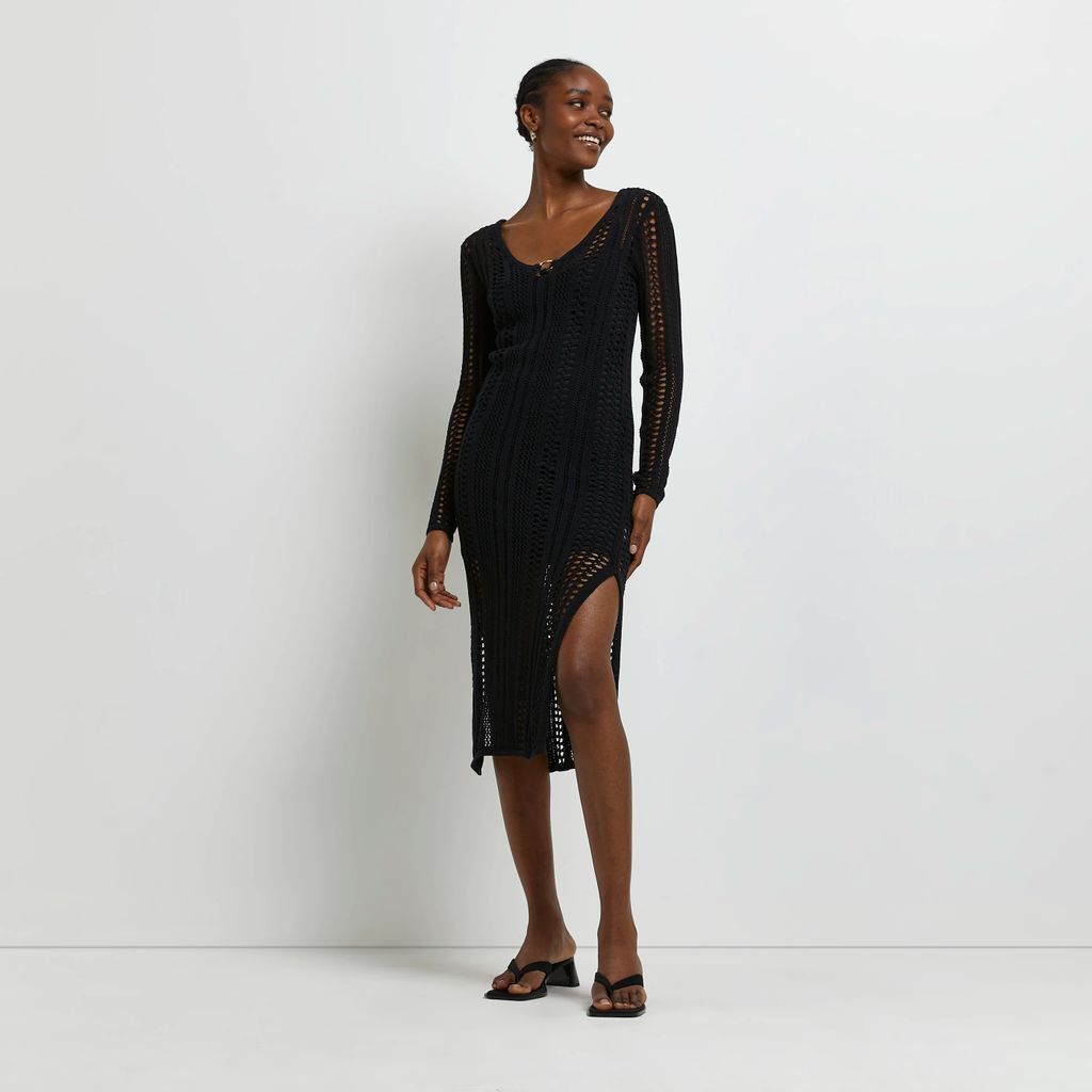 Womens Black Knitted Bodycon Midi Dress